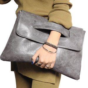 NWOT Grey Leather Clutch Messenger Bag with Detachable Strap - Large Capacity